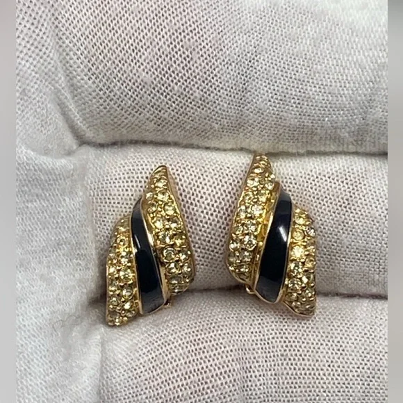 Christian DIOR Vintage earrings with crystals and black enamel - Picture 12 of 15